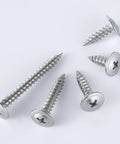 Top Shelf Eight By Three Quarter Inch Phillips Truss Head Wood Metal Screws Bulletproof 410 Stainless Steel self-tapping screws displayed on a white background.