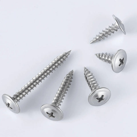 Heavy Duty Two Hundred Piece Set Of Number Eight By One Inch Quarter Phillips Truss Head Wood Screws Made From Forty Ten Stainless Steel, displayed on a white background.