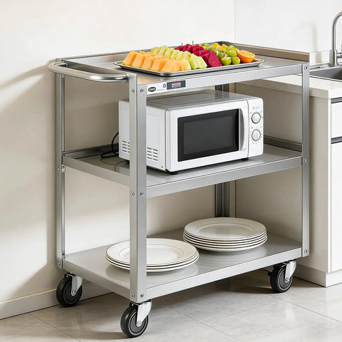 Heavy Duty Stainless Steel Utility Cart Three Tier With Wheels And Handle, NSF Commercial Mobile Rolling Cart for Kitchen use