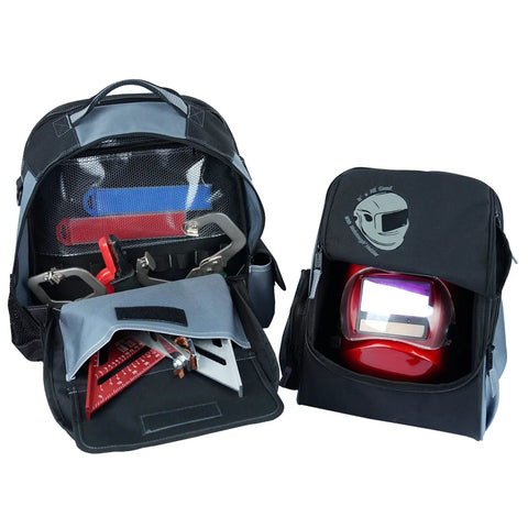 Heavy Duty Welding Backpack For Tools And Helmet, Detachable Helmet Compartment, open showing tools and helmet, durable grey fabric