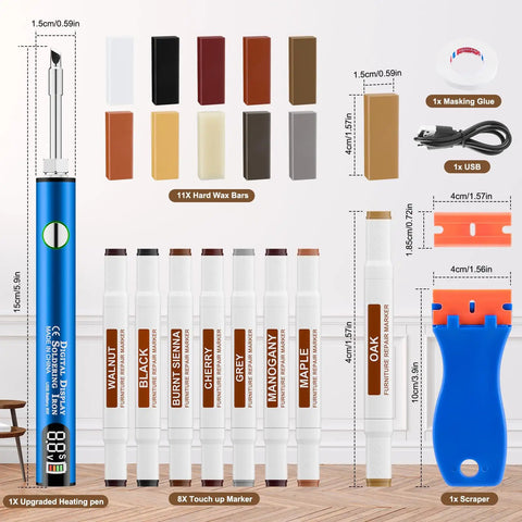 Smooth Operator 3 Temp Wax Melting Pen With Digital Display And Rechargeable USB Heater For Laminate Wood Floor Furniture Countertop And Tile Repair Using Hard Wax Fillers In Blue, displaying repair tools and wax bars.
