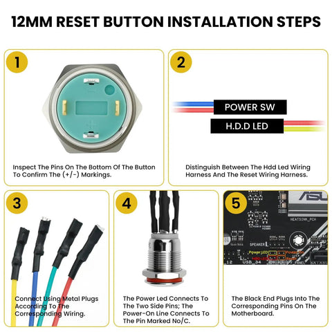 12mm reset button installation steps for 2 Pack Chassis Switch With Metal Button 12mm Boot Reset And 16mm Host Switch Cable 60cm Extension For ATX Power On Off Ideal For DIY PC Builds And Custom Rigs
