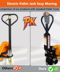 Comparison of Heavy Duty Electric Pallet Jack Truck With 4400 Lbs Capacity and standard pallet truck, showcasing design and functionality.