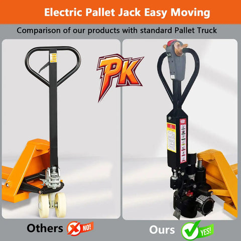 Comparison of Heavy Duty Electric Pallet Jack Truck With 4400 Lbs Capacity and standard pallet truck, showcasing design and functionality.