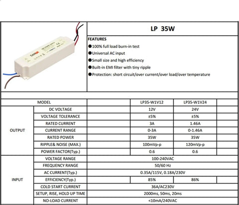 Heavy Duty 12V LED Power Supply Waterproof 35W 3A Switch Mode Driver AC To DC Light Transformer 110V And 220V Input For Outdoor LED Strips And Fixtures High Efficiency Waterproof Power Converter Bulk Pack, 35W 12V model