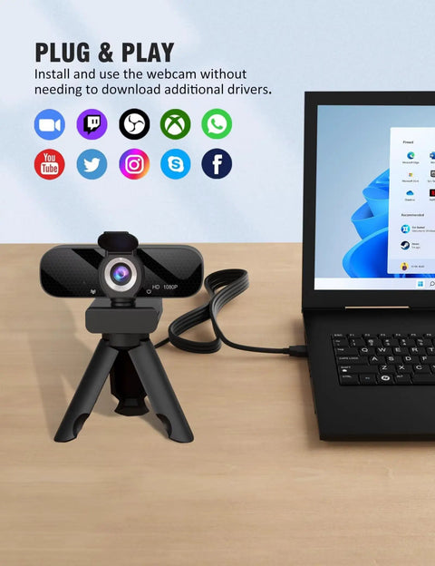 Top Shelf 1080P Webcam With Crisp Built In Microphone And Wide Angle Lens Includes Adjustably Rotatable Tripod And Flip Privacy Cover No Sweat Plug And Play For Streaming Gaming On PC Laptop.