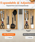 Expandable Bamboo Silverware Drawer Organizer Tray For Kitchen Utensils And Cutlery Wooden Flatware Holder shown expanded and compacted.