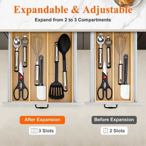 Expandable Bamboo Silverware Drawer Organizer Tray For Kitchen Utensils And Cutlery Wooden Flatware Holder shown expanded and compacted.