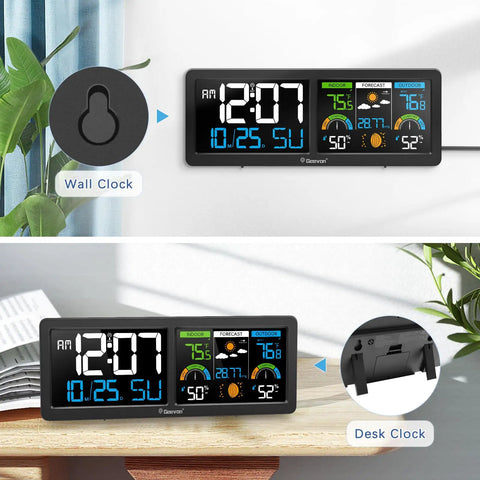 Wireless Indoor Outdoor Weather Station With Atomic Clock, Large 5.9 Inch HD Color Display, Digital Temperature Humidity Monitor, shown as wall and desk clock.
