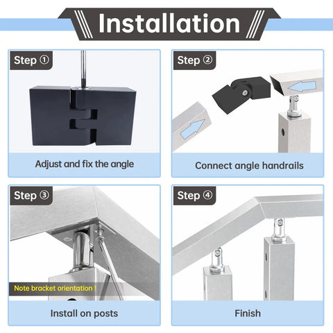 Step-by-step installation guide for Vertical Pivot Connector For Flat Handrails 0 To 90 Degree Adjustable Fittings.