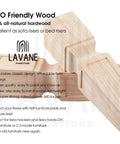 Close-up of eco-friendly wood furniture legs with Lavane logo, showing natural hardwood texture and solid construction.