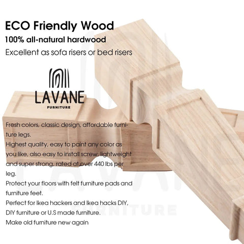 Close-up of eco-friendly wood furniture legs with Lavane logo, showing natural hardwood texture and solid construction.