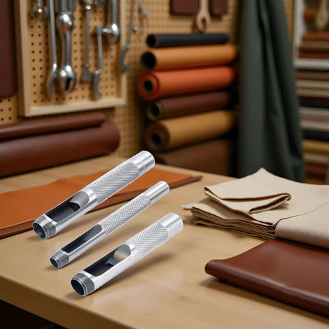 Three-Piece Grommet Hole Punch Set for Leatherworking, heavy duty steel hollow punches in one quarter, three eighths, and one half inch