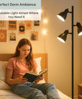 Black Tree Floor Lamp With Three Adjustable Heads for Living Room, Bedroom, and Office beside woman reading in bedroom