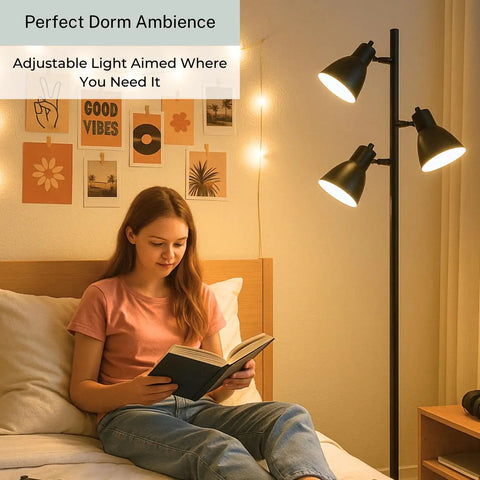Black Tree Floor Lamp With Three Adjustable Heads for Living Room, Bedroom, and Office beside woman reading in bedroom