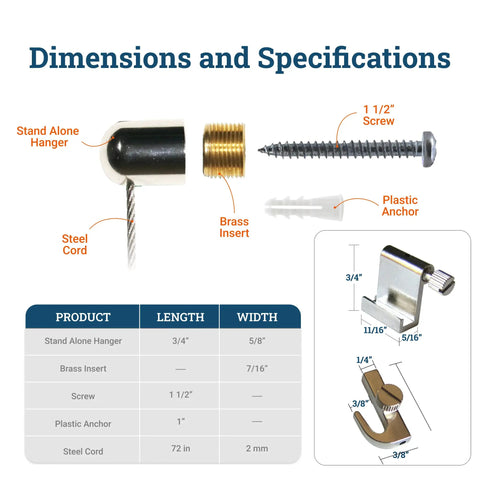 Heavy Duty Steel Cable Picture Hanging Kit with Adjustable Bullet Hooks components, including steel cord and screws.