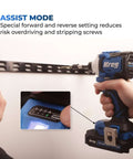 Compact Cordless 20V Drill And 1/4 Inch Impact Driver Combo Kit With Two Reliable Batteries, showing assist mode feature.
