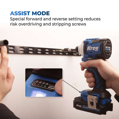 Compact Cordless 20V Drill And 1/4 Inch Impact Driver Combo Kit With Two Reliable Batteries, showing assist mode feature.