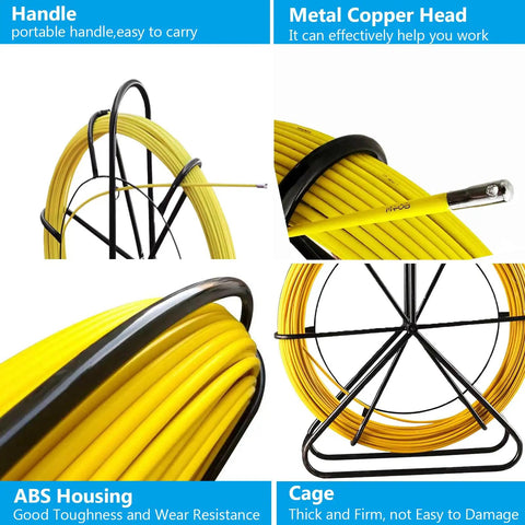 Fiberglass Fish Tape Wire Cable Puller Rod Duct Rodder 6mm 328ft with heavy duty steel bracket and metal copper head details
