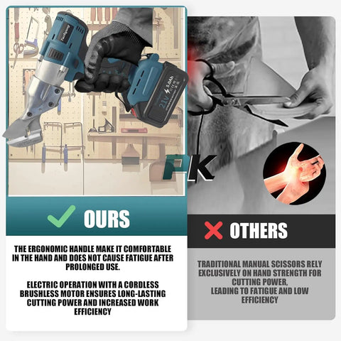 Powerful Cordless Electric Metal Shears With Swivel Head For Cutting Stainless Steel Iron Sheet Metal And Carpet Variable Speed Settings Battery Charger Included Portable Carry Case Made Easy Heavy Duty Cuts held in a gloved hand against a workshop backdrop.