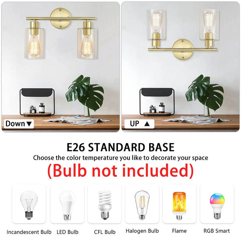 Dope Gold Vanity Light Fixture With Glass Shade Brushed Brass Wall Sconces mounted vertically and horizontally, E26 base
