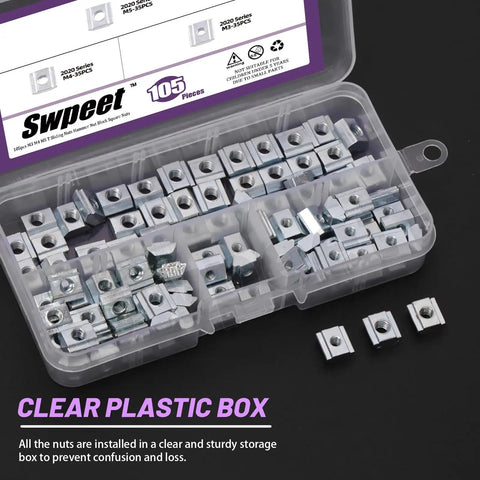 Three Size Nickel Plated Carbon Steel T Sliding Nuts Kit 105 Piece Assortment M3 M4 M5 for 2020 Aluminum Profiles in plastic box