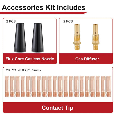 Flux Core Gasless MIG Welding Gun Kit With 24 Pieces Including 20 Tips, 2 Nozzles And 2 Diffusers, product accessories