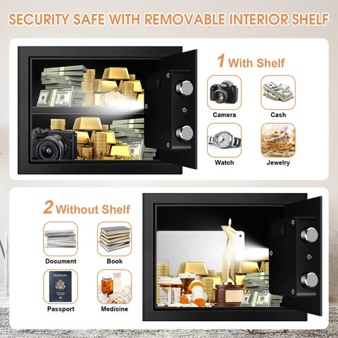 Compact Home Safe 1.2 Cubic Fireproof And Waterproof With Programmable Keypad, Spare Keys, Removable Shelf, storing valuables