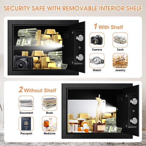 Heavy Duty Home Safe With Fireproof And Waterproof Protection Digital Security Safe With Key And Combo Lock showing removable shelf