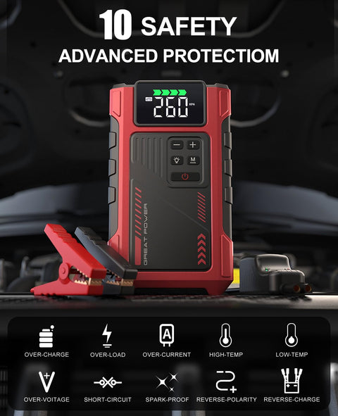 Beast Jump Starter With Air Compressor And Tire Inflator, Portable 12V Vehicle Battery Booster in car engine view