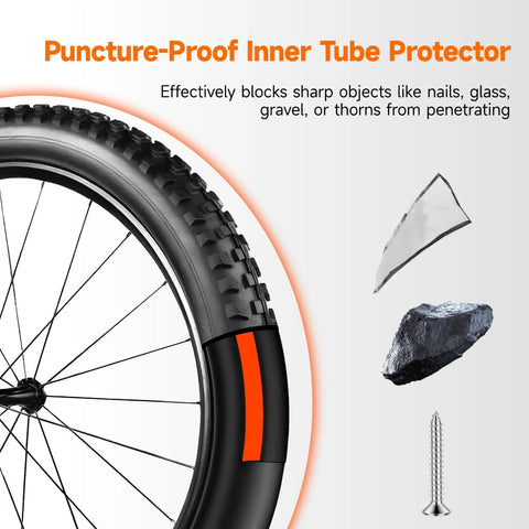 Image showing fat bike tire cross-section with puncture-proof liner blocking sharp objects like nails and glass, highlighting protection.