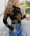Woman in Snag This Retro Industrial Gear Bodysuit For Women With A Cool Mock Turtleneck, holding a pink cup.