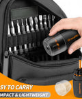 Hand placing compact tool case in backpack; shown are bits from 20 Piece Allen Wrench And Hex Drill Bit Set With Storage Organizer Pro Grade S2 Steel