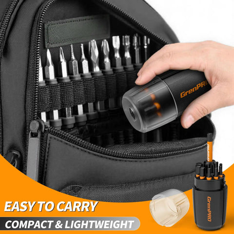 Hand placing compact tool case in backpack; shown are bits from 20 Piece Allen Wrench And Hex Drill Bit Set With Storage Organizer Pro Grade S2 Steel