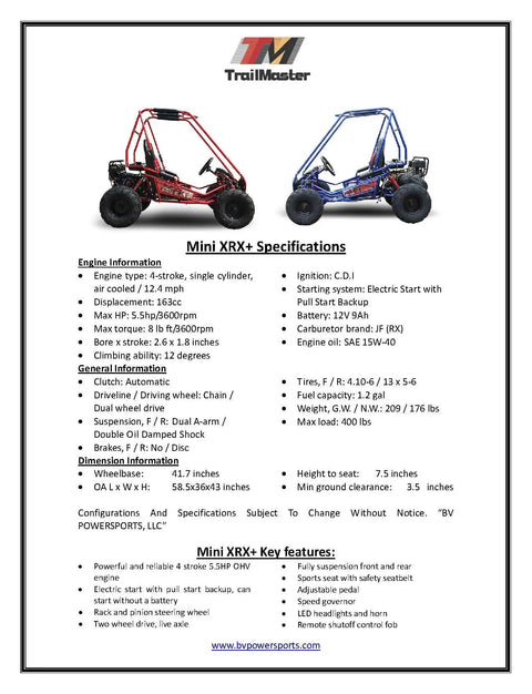 Two mini XRX go-karts with specifications including 212cc 7hp engine for Youth Go Kart Buggy With High Back Seats Adjustable Pedals Throttle Limiter And Kill Remote Preassembled Black Ultra Mini XRX Style For Younger Riders 212cc 7hp Engine Easy Start.