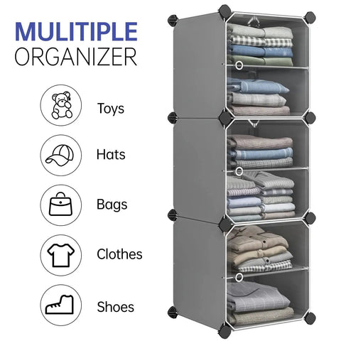 3 Cube Storage Organizer With Doors, stackable cubby shelf showing clothing storage, easy assembly, black modular cubes design