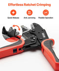 Ratcheting Wire Crimpers For 10 To 24 Awg Cables Featuring No Sweat Jaws And Clearly Labeled Metric Gauge Scales For Hassle Free Electrical Terminal Crimping Plus Quick Release Adjustment.