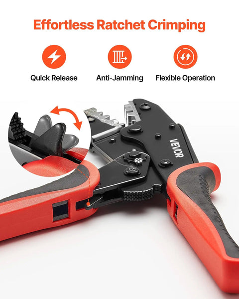 Ratcheting Wire Crimpers For 10 To 24 Awg Cables Featuring No Sweat Jaws And Clearly Labeled Metric Gauge Scales For Hassle Free Electrical Terminal Crimping Plus Quick Release Adjustment.