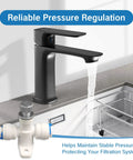 Needle valve 1/4-in water flow regulator with blue fittings; white valve beside a black modern faucet for RO filtration