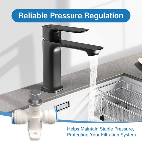 Needle valve 1/4-in water flow regulator with blue fittings; white valve beside a black modern faucet for RO filtration