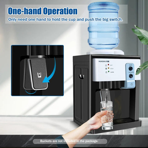 Desktop Water Dispenser With Hot And Cold Settings, Top Loading Countertop Water Cooler For Home And Office, showing one-hand operation