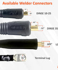 Different sizes of available welder connectors for heavy duty 200 amp welding lead set with Dinse 10-25 connector