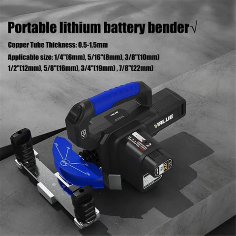 Pro Electric Copper Pipe Bender 1/4 To 7/8 Inch Rebar Tuber display with portable battery, used for bending copper tubes.