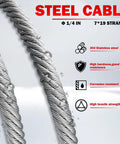 Close-up of steel cable with 304 stainless steel and specifications for Portable Drill Winch 1500 Pound Capacity With 40 Foot Steel Cable And 360 Degree Swivel Hook No Install Needed Ready To Pull With Your Cordless Drill For ATV UTV Trailer Loading Lawn Tractor Towing Heavy Lifting And Dragging.