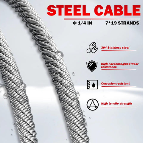 Close-up of steel cable with 304 stainless steel and specifications for Portable Drill Winch 1500 Pound Capacity With 40 Foot Steel Cable And 360 Degree Swivel Hook No Install Needed Ready To Pull With Your Cordless Drill For ATV UTV Trailer Loading Lawn Tractor Towing Heavy Lifting And Dragging.