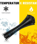Heavy Duty 400 Pack Assorted Black Cable Ties Kit showing temperature resistance with snow and flame icons