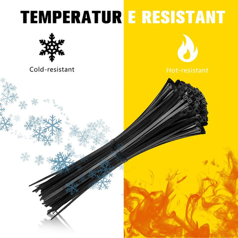 Heavy Duty 400 Pack Assorted Black Cable Ties Kit showing temperature resistance with snow and flame icons