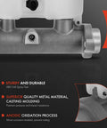 Close-up of brake master cylinder with reservoir and sensor for Chevy and GMC vehicles, showing metal casting and durability features.