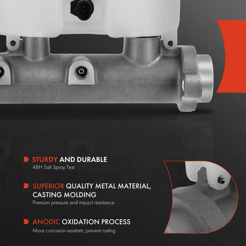Close-up of brake master cylinder with reservoir and sensor for Chevy and GMC vehicles, showing metal casting and durability features.