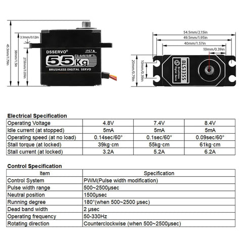 Beefy Brushless RC Servo With Full Metal Gears, 61 KgCm Torque, 0.09 Sec, 8.4V, technical specifications and dimensions shown
